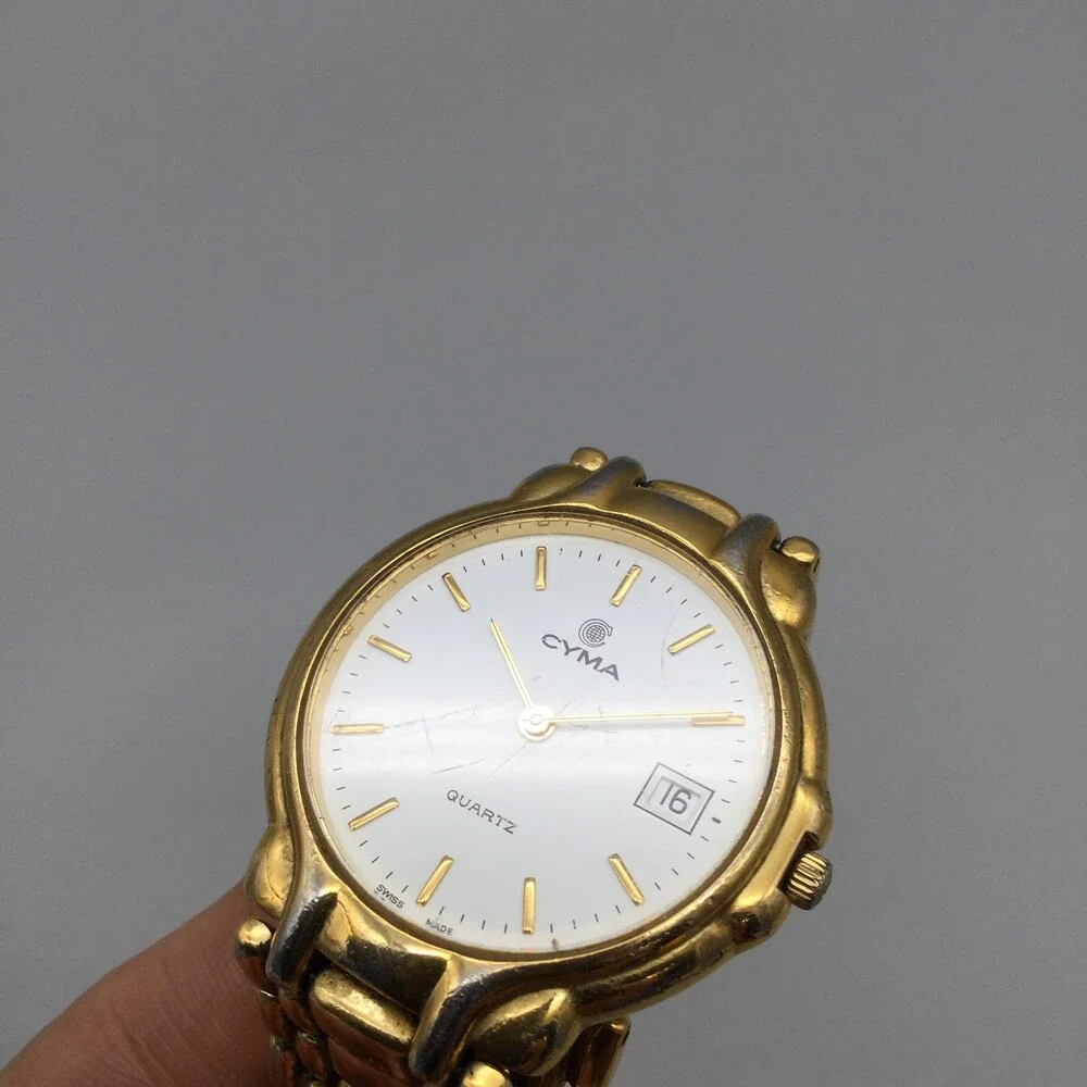 Cyma Le Locle Mens Watch 33mm Gold Tone Date Swiss Made New Battery 7.25